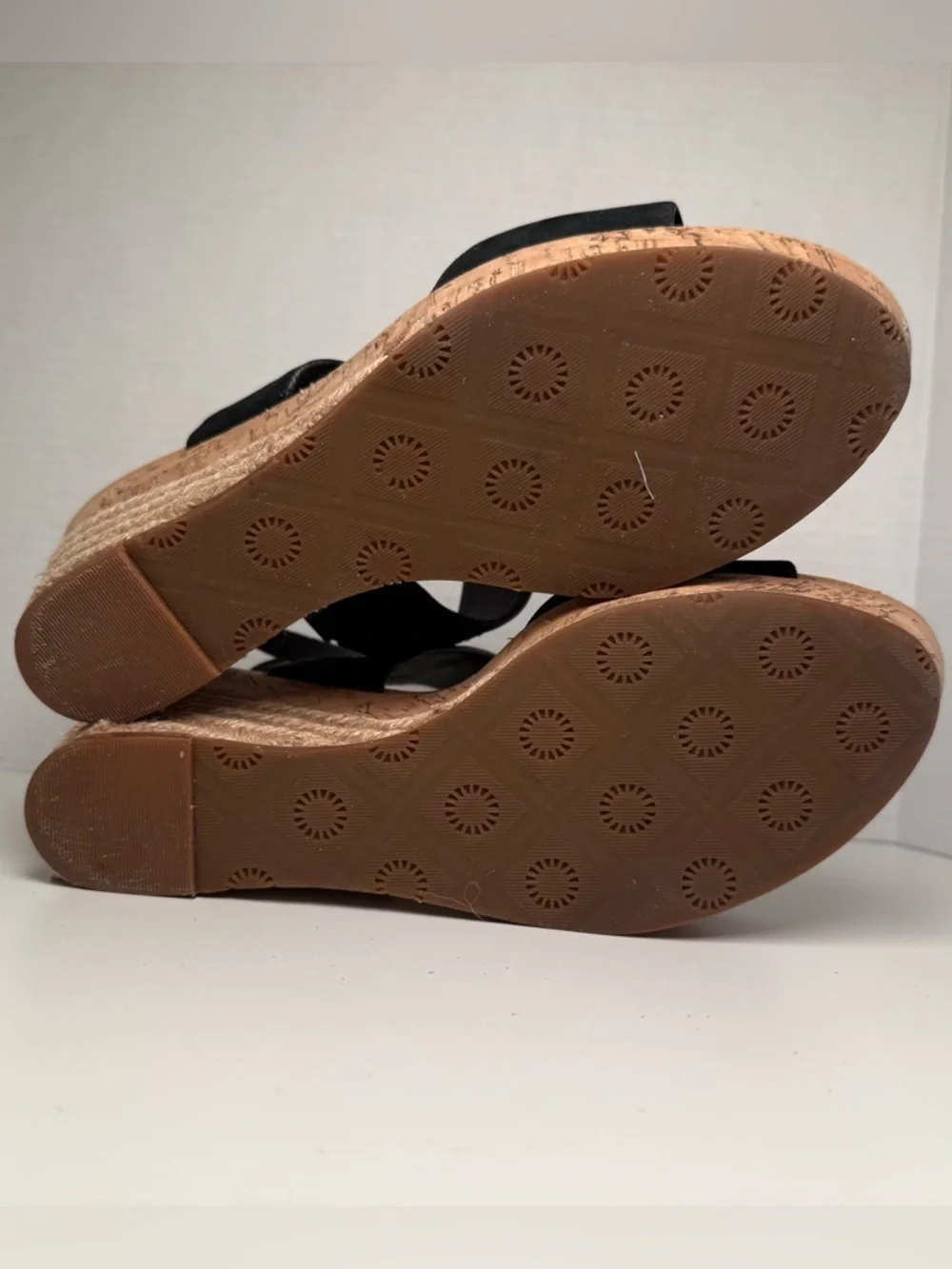 Ugg Elana Black Leather Slingback Cork Jute Wedge Sandals Women's Size 8.5 Boho